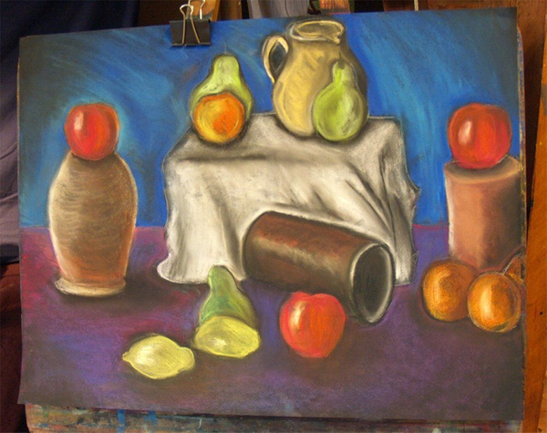 Pommes, poires, et pots - dessin aux pastels